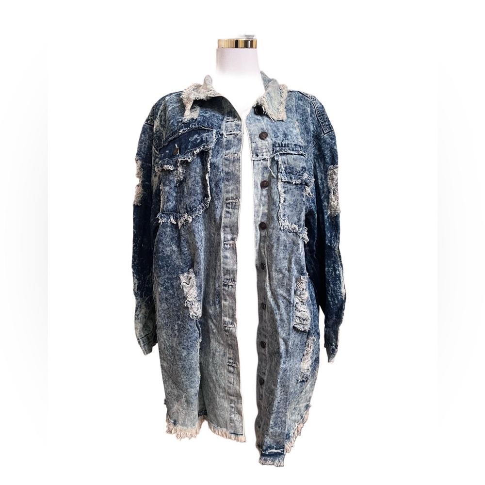 Long Distressed Acid Wash Denim Jacket